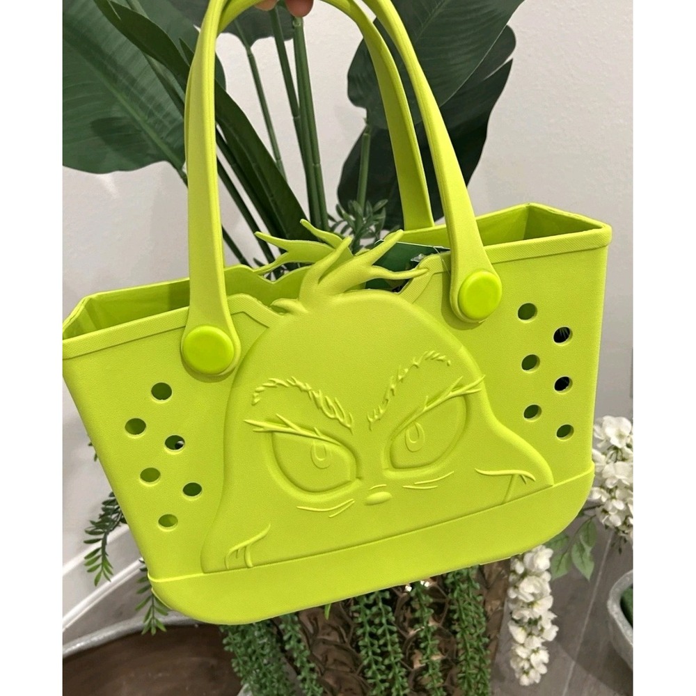 Green Grinch Face Tote Bag Womens Embossed Solid Double Handles Christmas Viral